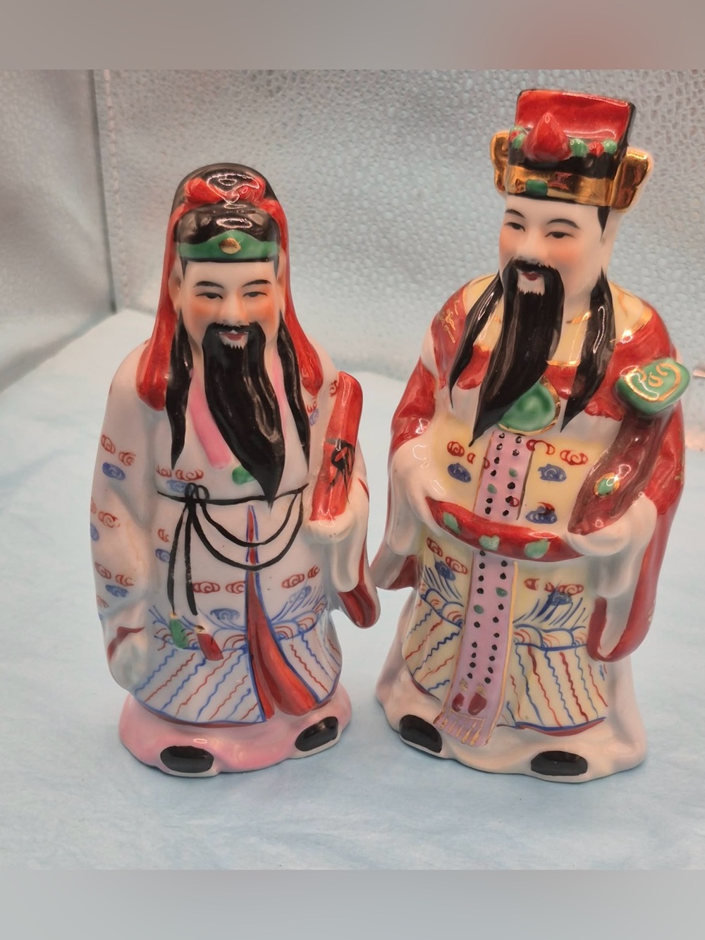 Vintage MCM Chinese Statue Pair Sanxing Deity Fu Fortune Wealth & Lu Prosperity